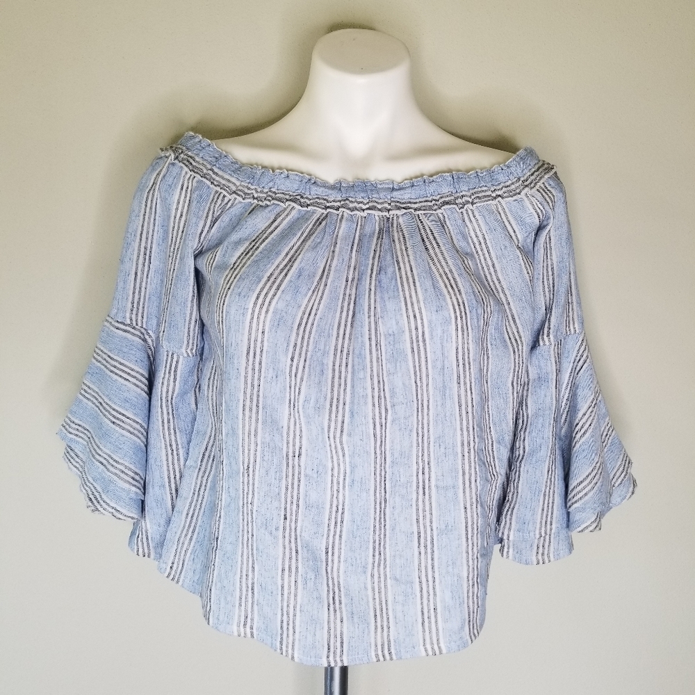 Lucky Bell Quarter Sleeve Blue Striped BOHO Top XS